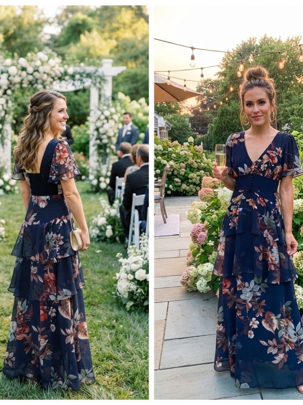 Lulus Midnight Mood Navy Blue Floral Tiered Maxi Dress Rust Cream Blooms Size S - Picture 3 of 16